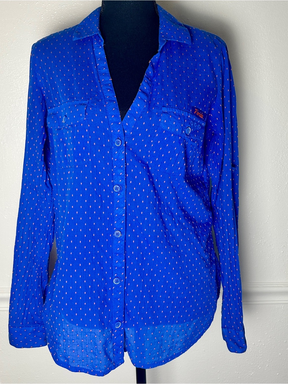 Women's Royal Blue Button-Down Shirt with Subtle Dot Print
